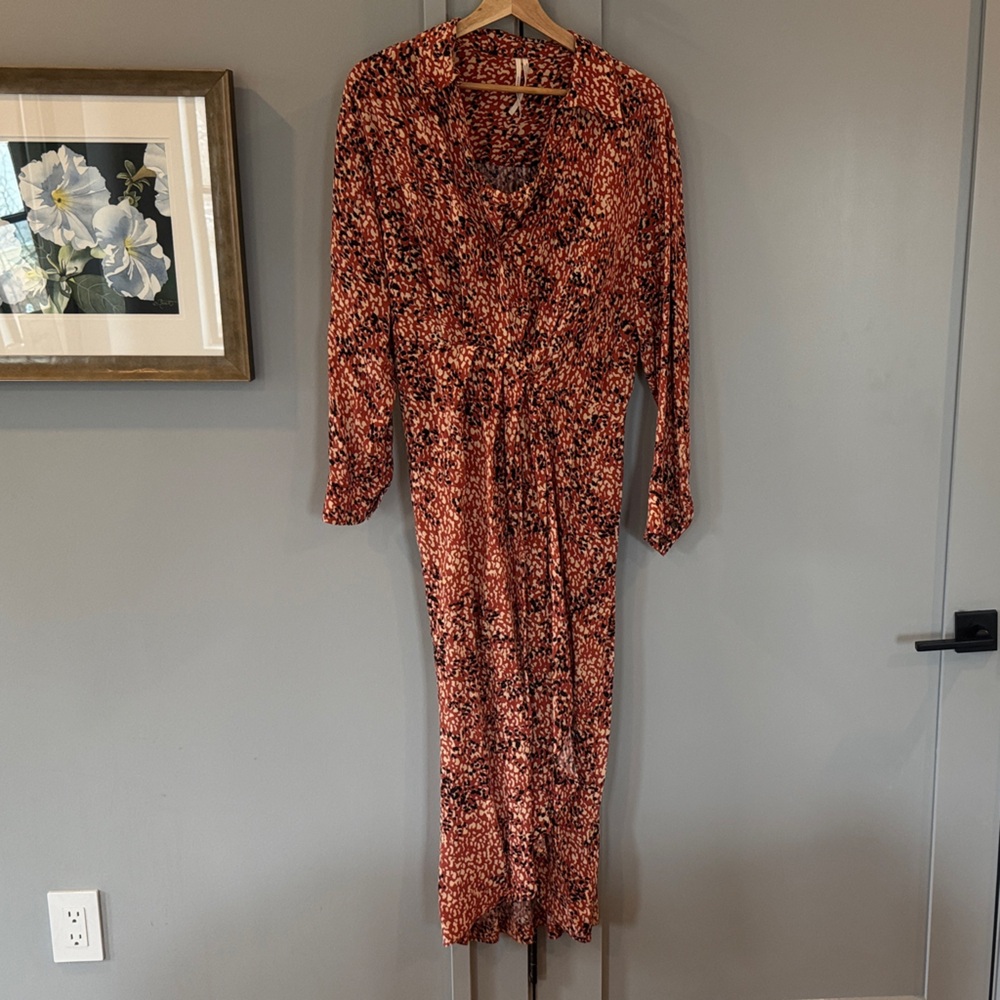 Anthropologie Rust and Black Printed Midi Dress